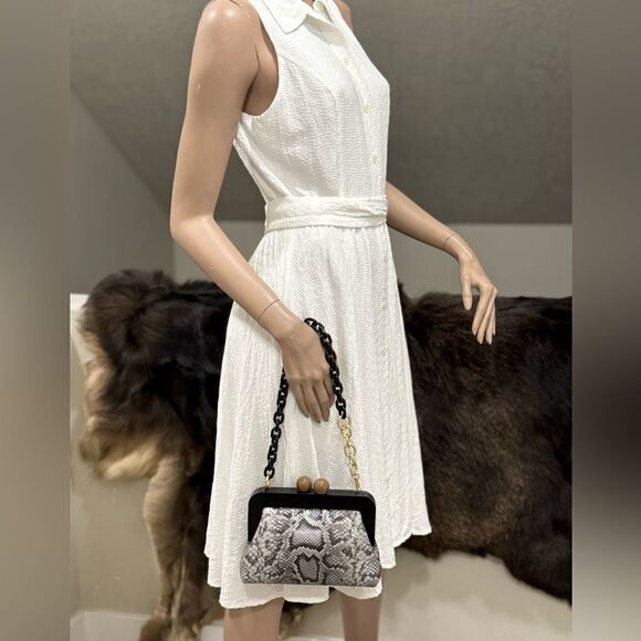 Snake Embossed Leather Handmade Wooden Frame Clutch, Wristlet, Crossbody Bag - Picture 7 of 16